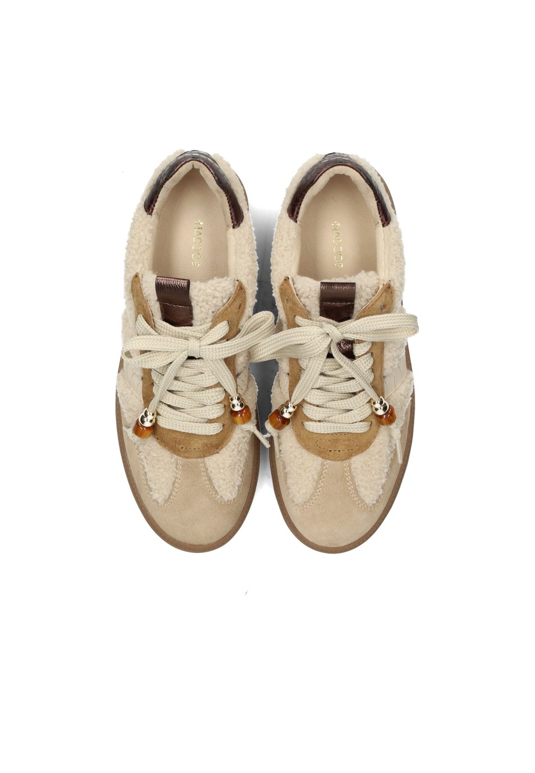 HABOOB Skye women's beige sneakers with gold accents – top view pair