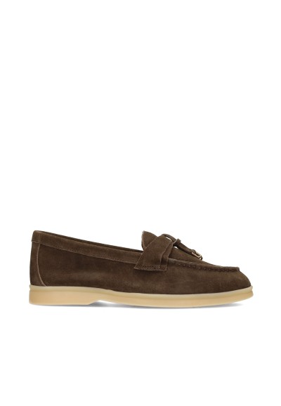 Dark brown Zalama loafer by PS Poelman, suede slip-on shoe with a light sole, side view
