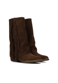 Poelman Elodie girls' brown suede boots with fringe – angled front view