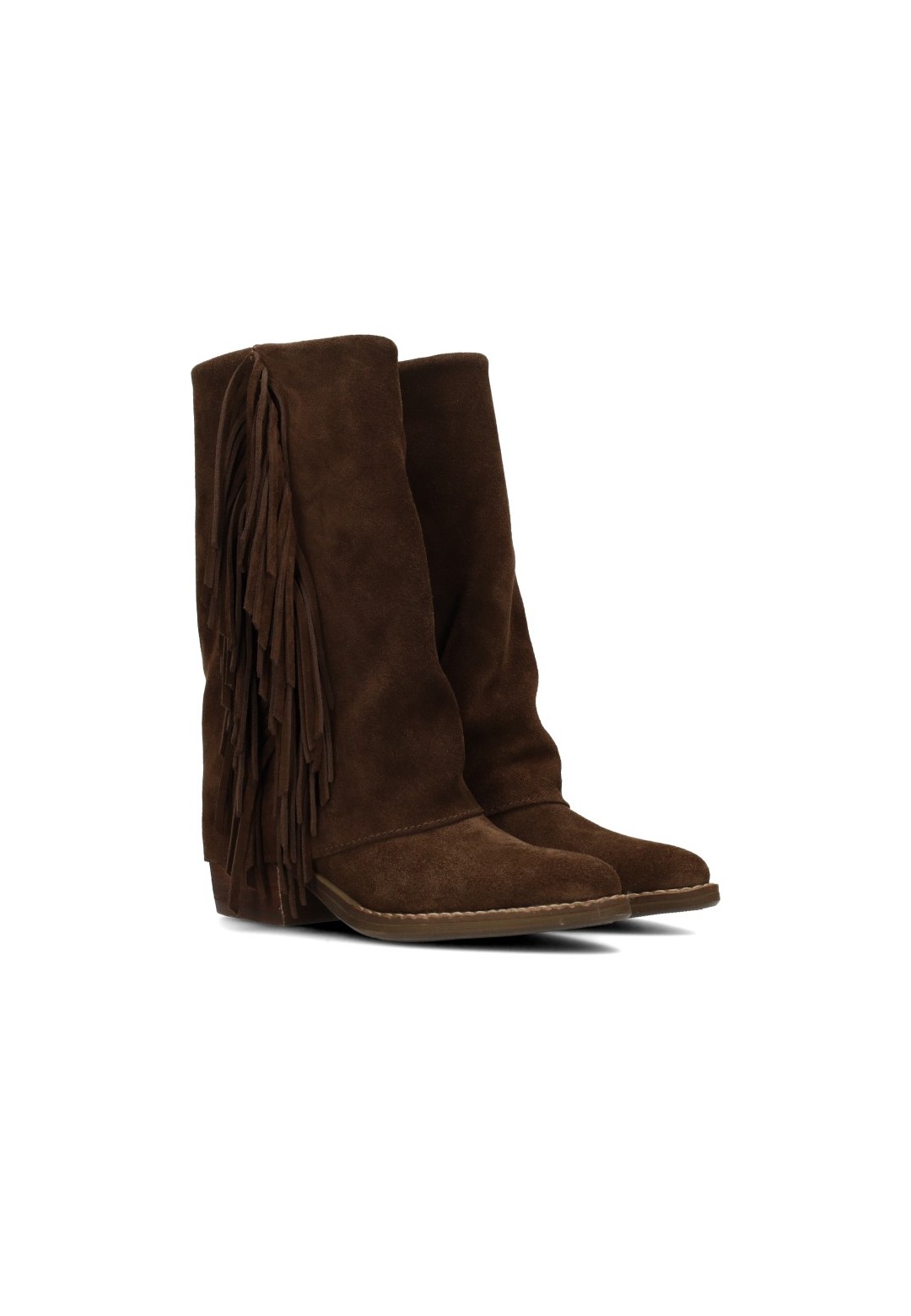 Poelman Elodie girls' brown suede boots with fringe – angled front view