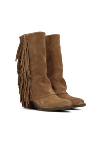 Poelman Elodie girls' taupe suede boots with fringe – angled front view