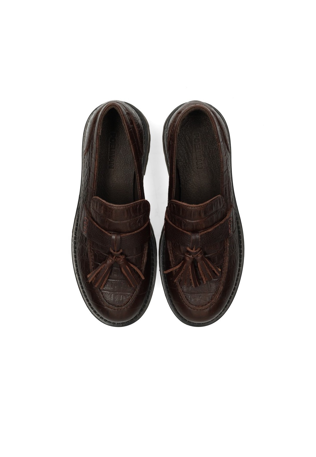 Bovenaanzicht van donkerbruine PS Poelman LEIN loafers met crocoprint en kwastdetail.