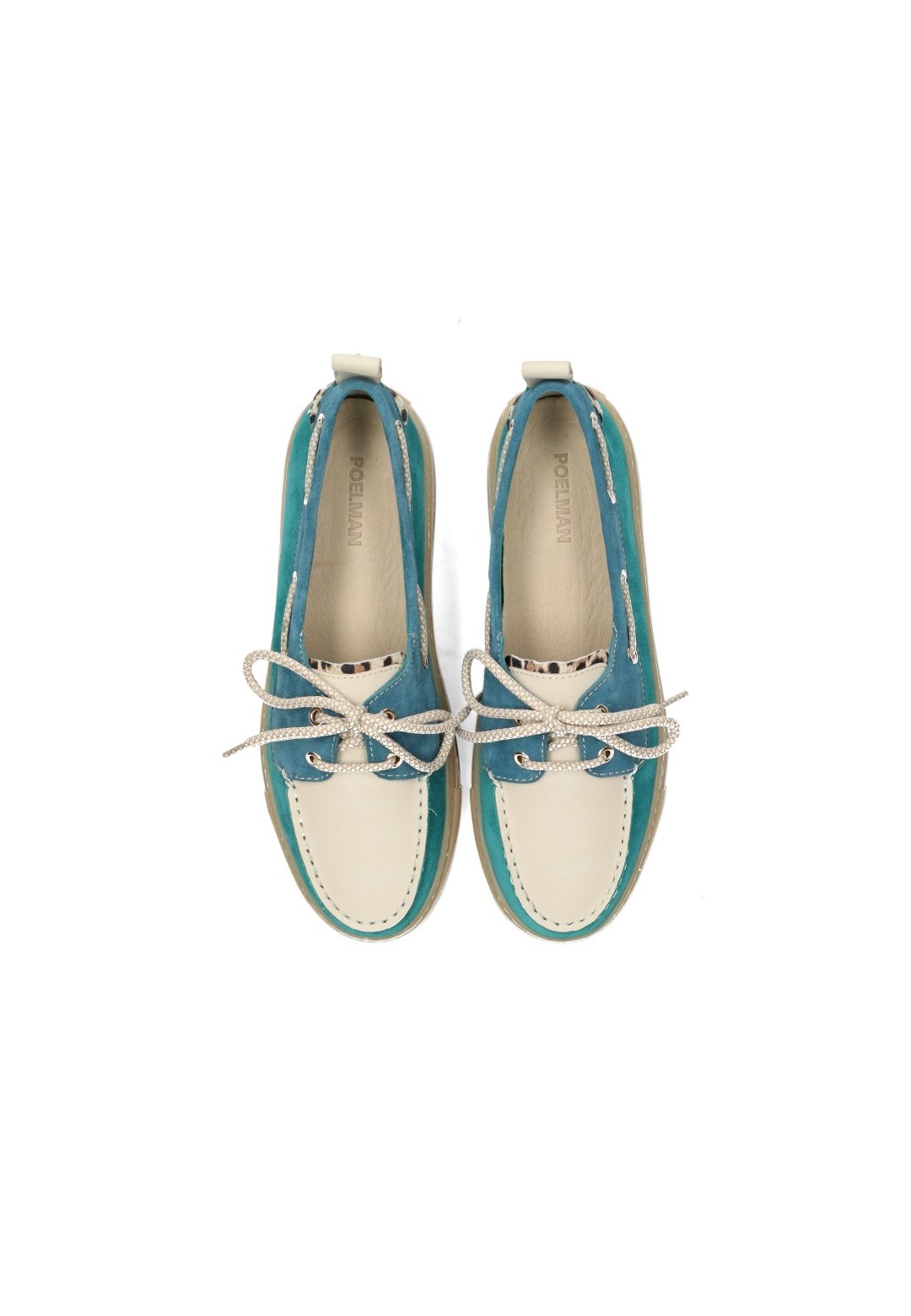 PS Poelman Silk dames loafers turquoise en off-white – bovenaanzicht paar