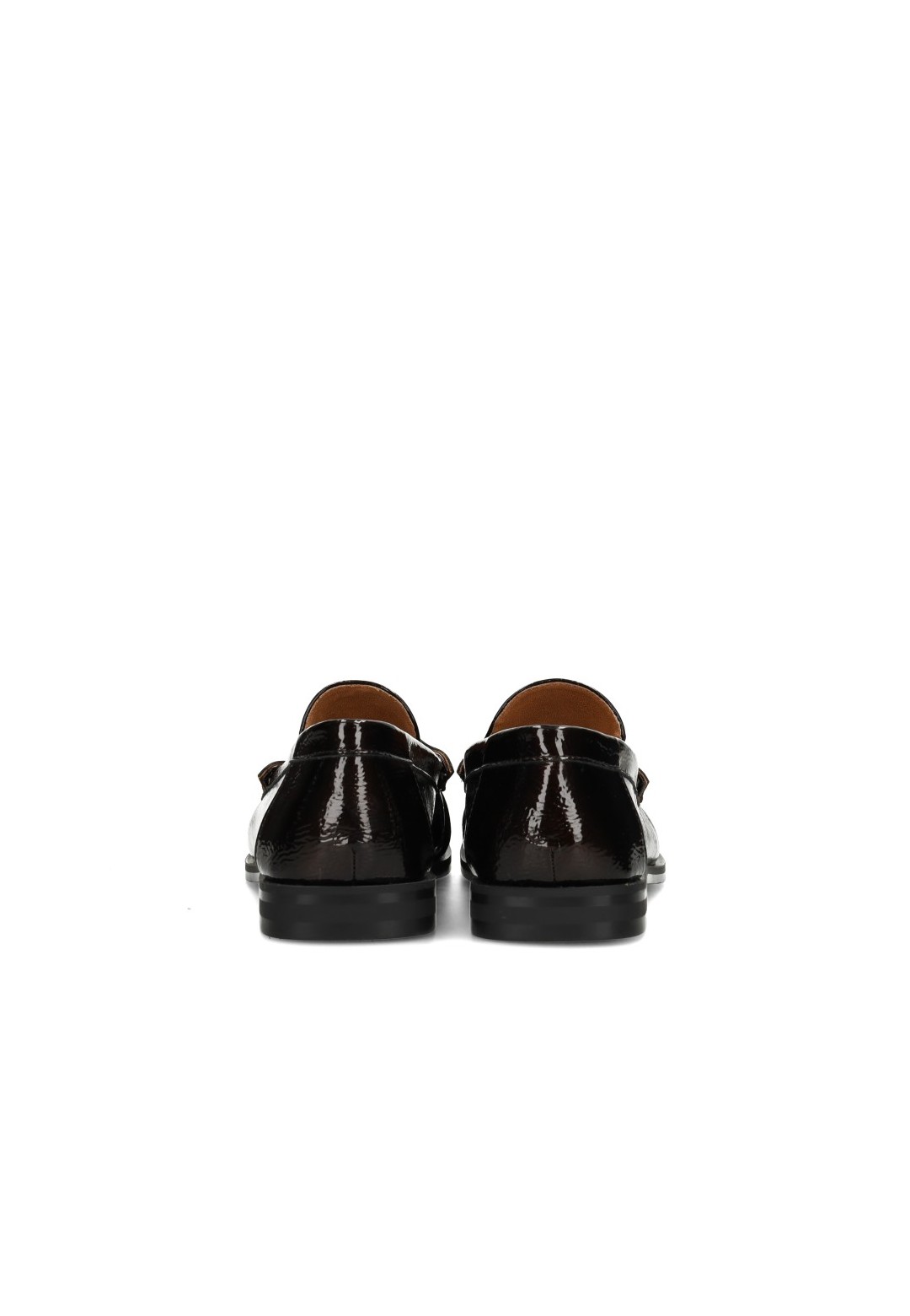 Achteraanzicht van de donkerbruine POSH by Poelman RHODE loafers van lakleer.