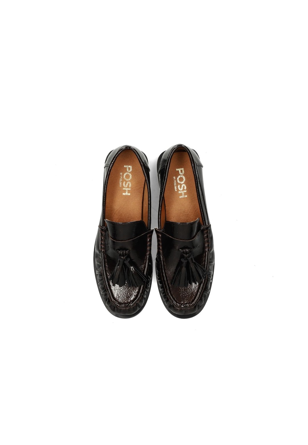 Bovenaanzicht van donkerbruine POSH by Poelman RHODE loafers van lakleer met crocoprint en bitdetail.