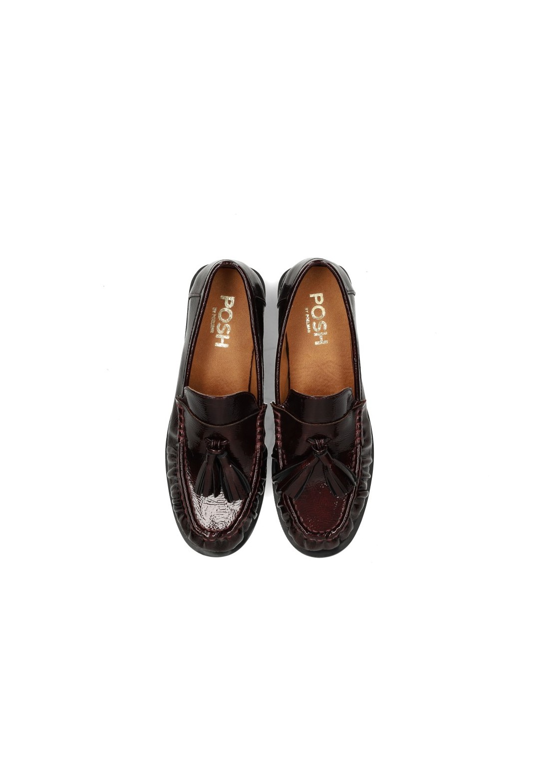 Bovenaanzicht van rode POSH by Poelman RHODE loafers van lakleer met bitdetail.