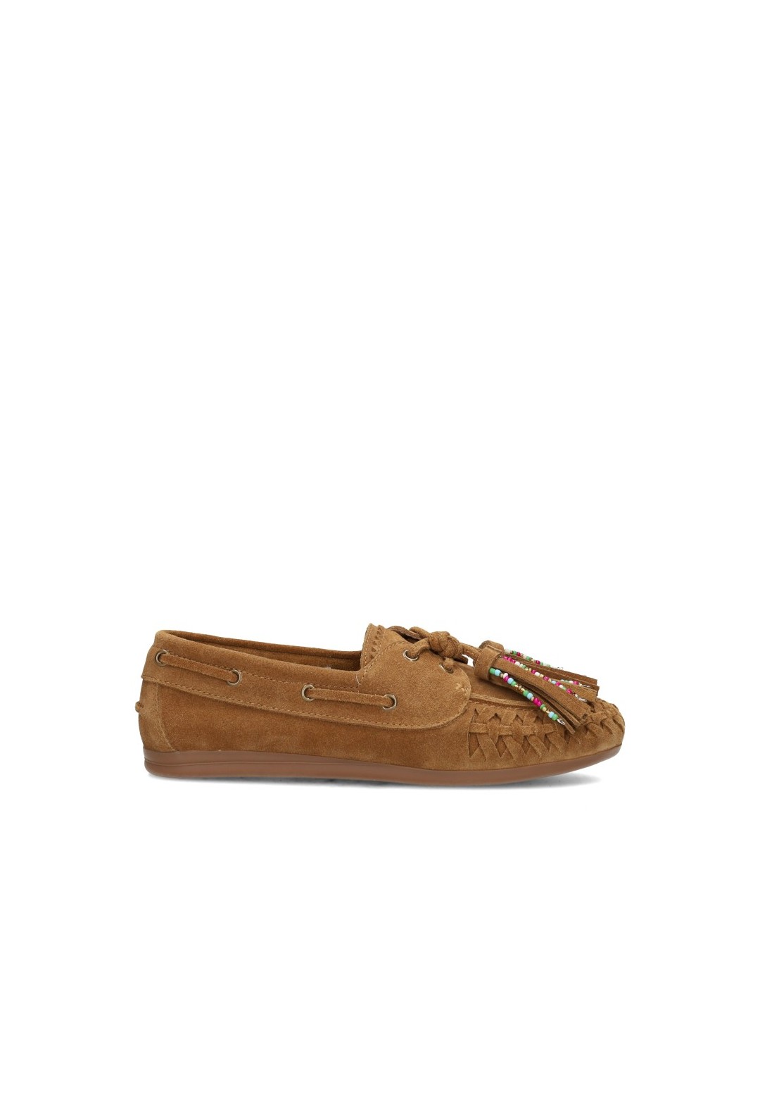 Poelman IRIS Damen-Loafer aus cognacfarbenem Wildleder mit Fransen und bunten Perlendetails