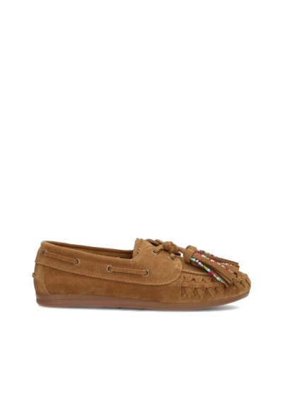 Poelman IRIS Damen-Loafer aus cognacfarbenem Wildleder mit Fransen und bunten Perlendetails