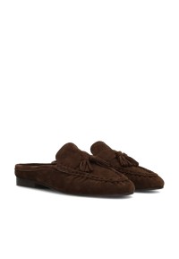Schuin zijaanzicht van de Poelman LOTTIE dames loafers van donkerbruin suède