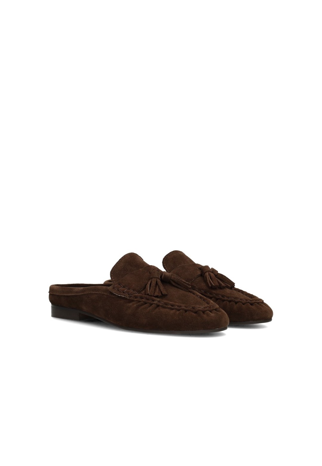 Schuin zijaanzicht van de Poelman LOTTIE dames loafers van donkerbruin suède