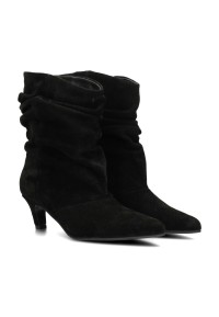 Black suede Hannah boot by PS Poelman with a pointed toe and ruched shaft, angled side view.