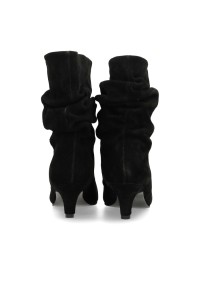 Rear view of the black suede Hannah boot by PS Poelman with a ruched shaft and mid heel.