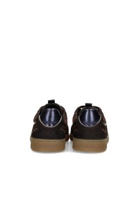 Dark brown Skye sneakers by PS Poelman featuring dark blue heel accents and a light brown sole.