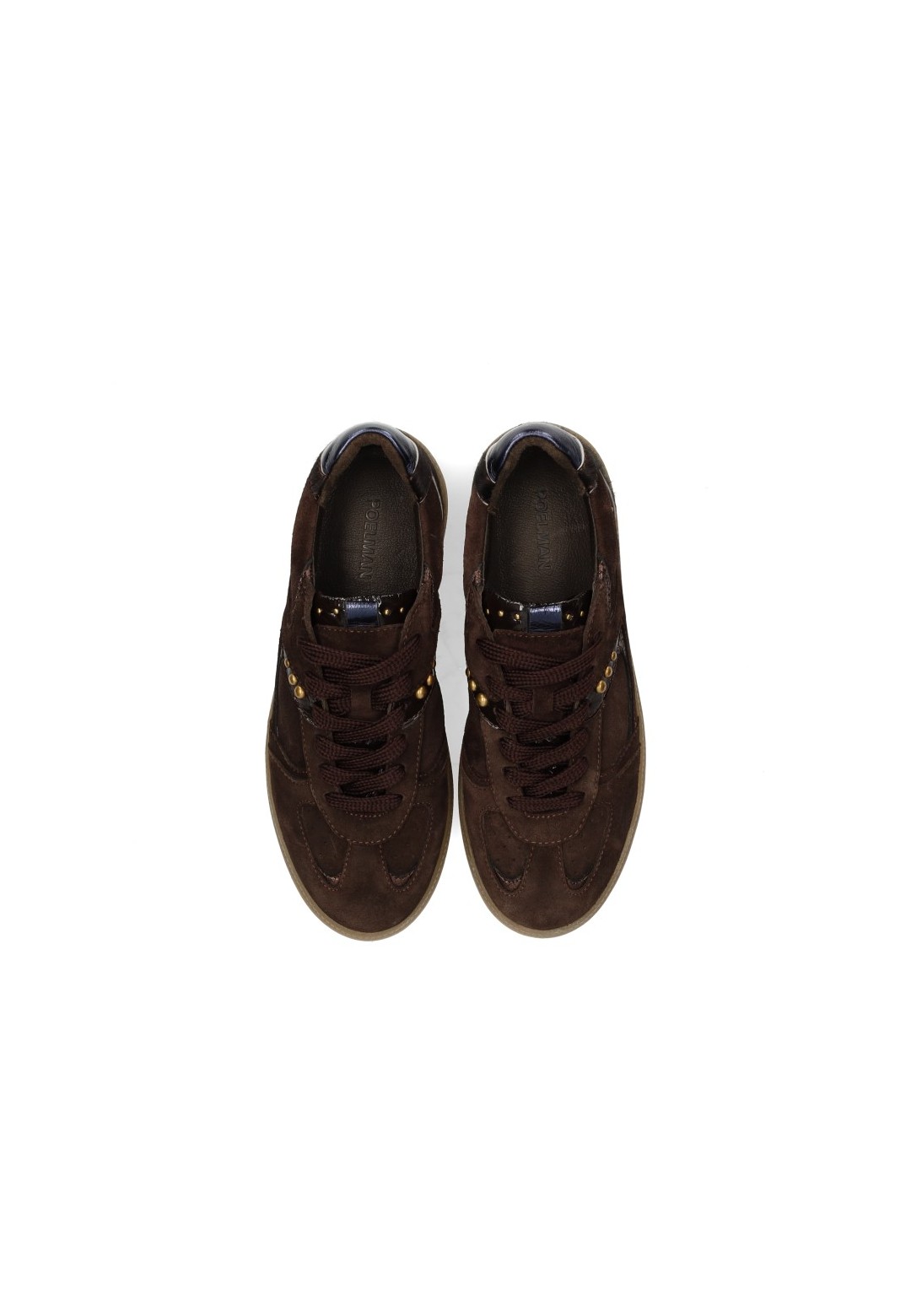 Dunkelbraune Skye Sneaker von PS Poelman mit Schnürung und einer Kombination verschiedener Materialien.