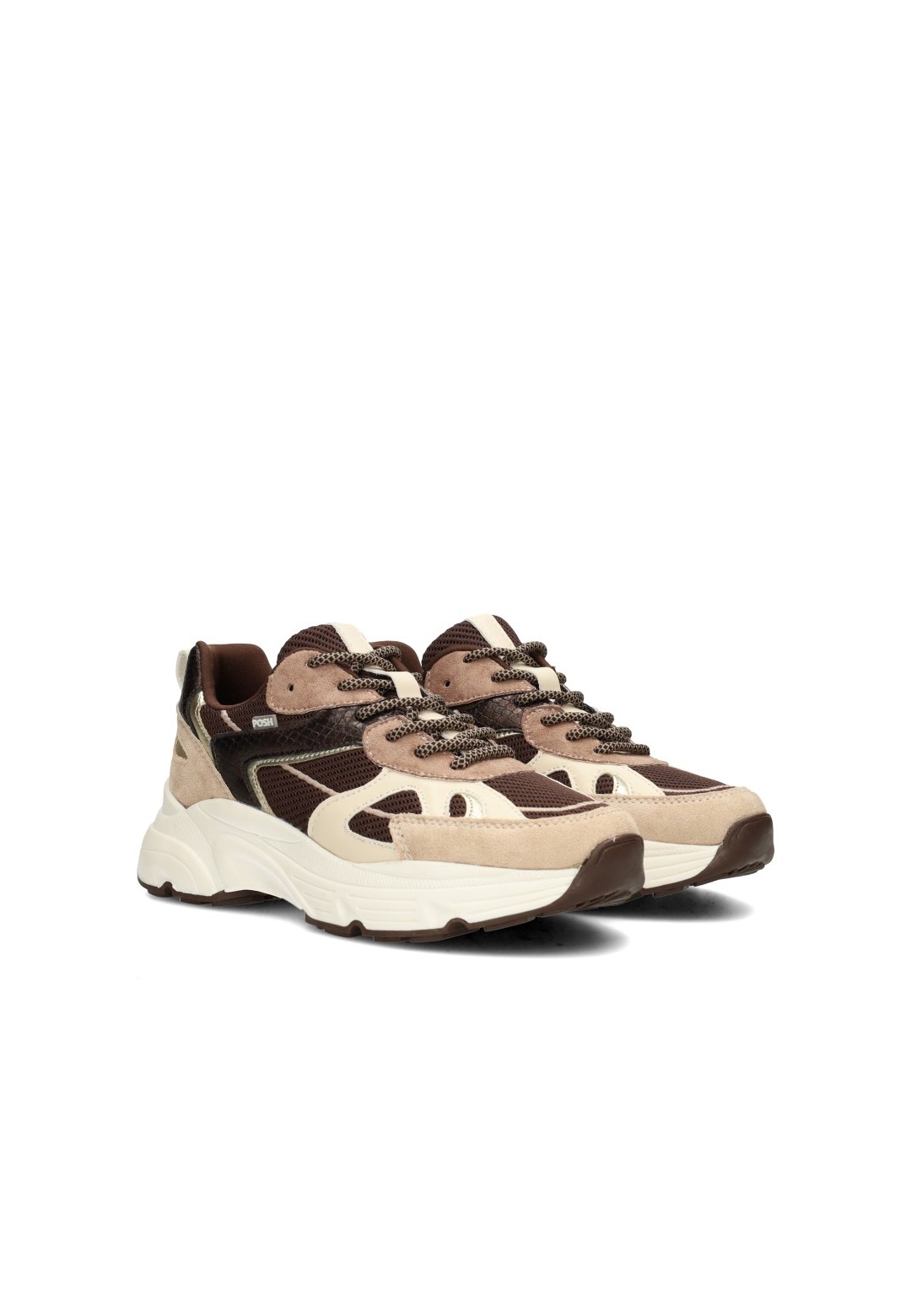 POSH By Poelman Ayoki women's beige, brown and black sneakers – angled front view