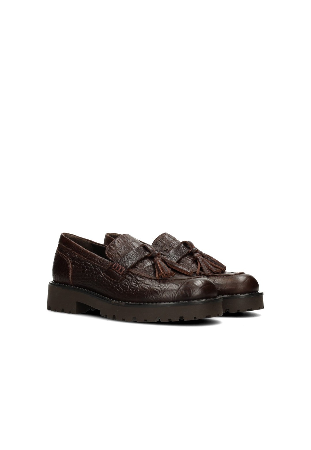 Dunkelbraune PS Poelman LEIN Loafer aus Leder mit Kroko-Prägung, Quastendetail und markanter Sohle, Seitenansicht.