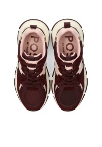 Bordeauxrode Gigi sneakers van Posh by Poelman met vetersluiting en contrasterende crèmekleurige details.