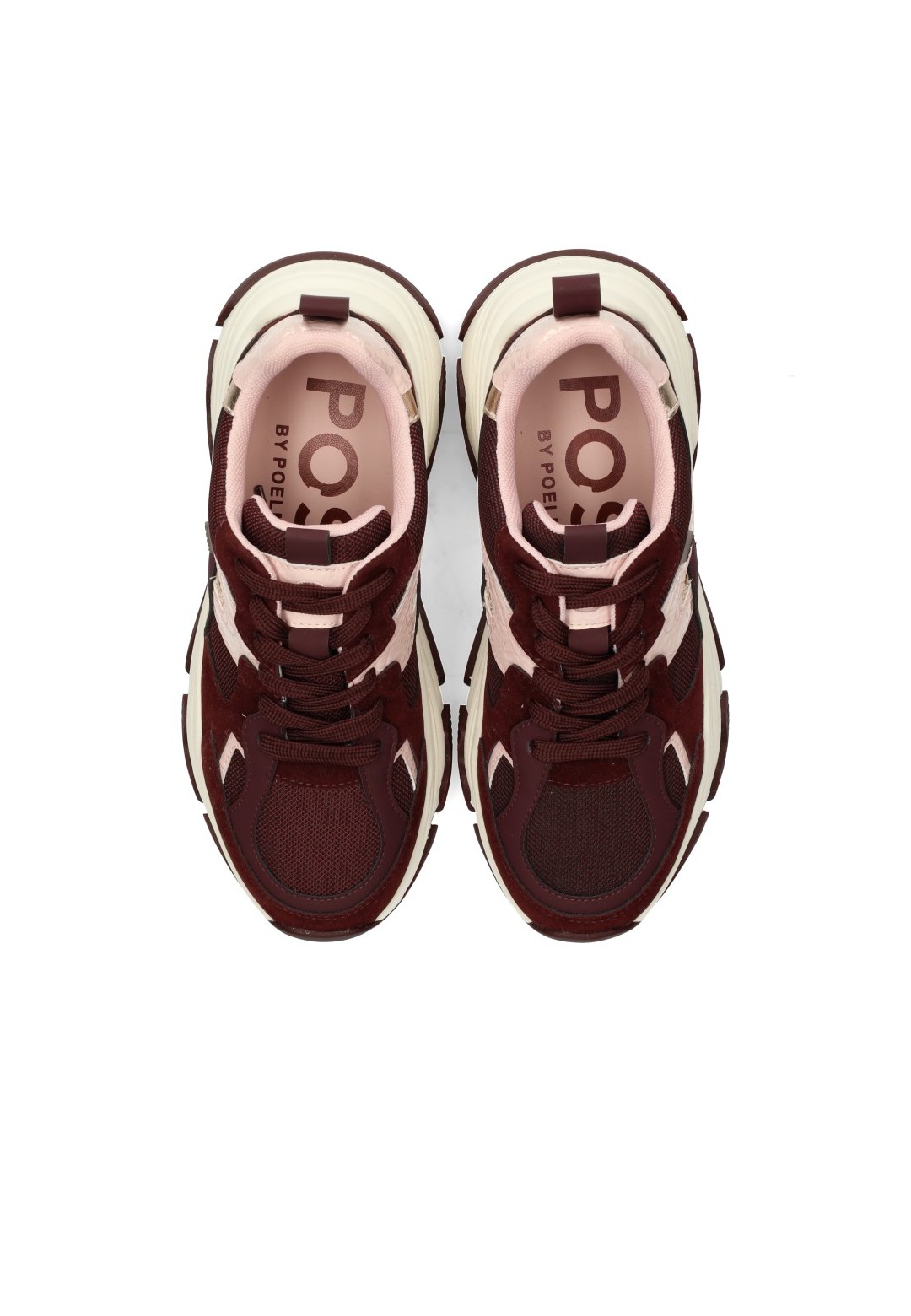Bordeauxrode Gigi sneakers van Posh by Poelman met vetersluiting en contrasterende crèmekleurige details.