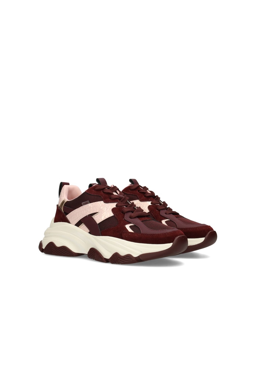 Schuin vooraanzicht van de POSH by Poelman dames sneakers in bordeaux