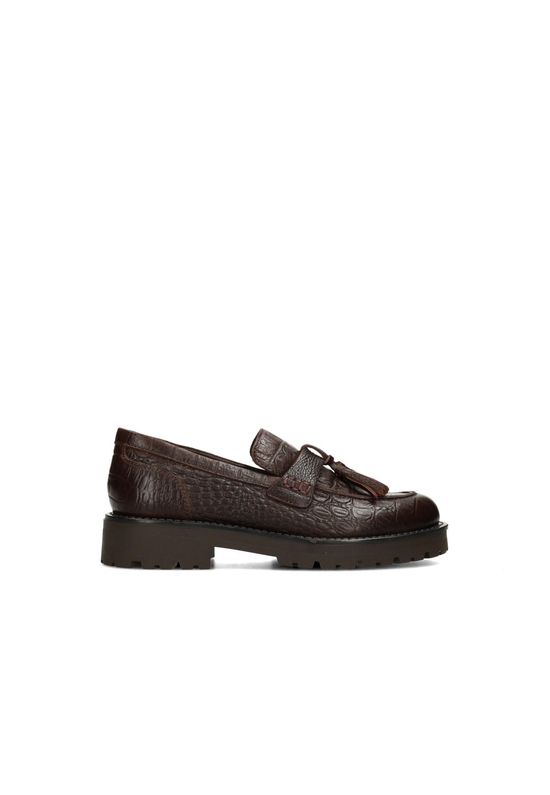 Donkerbruine PS Poelman LEIN loafers van leer met crocoprint en kwastdetail, zijaanzicht.