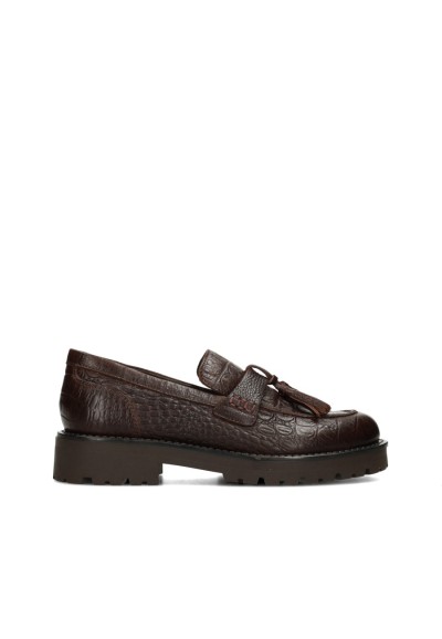 Donkerbruine PS Poelman LEIN loafers van leer met crocoprint en kwastdetail, zijaanzicht.