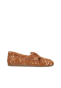 Cognac Poelman MIRA suede loafers with braided lace detail and contrast stitching, side view.