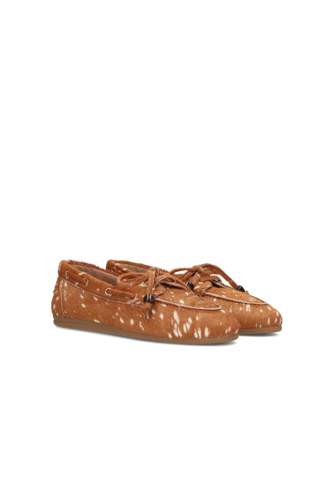 Cognac Poelman MIRA suede loafers with braided lace detail and contrast stitching, side view.