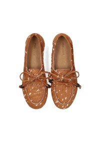 Top view of cognac Poelman MIRA suede loafers with braided lace detail.