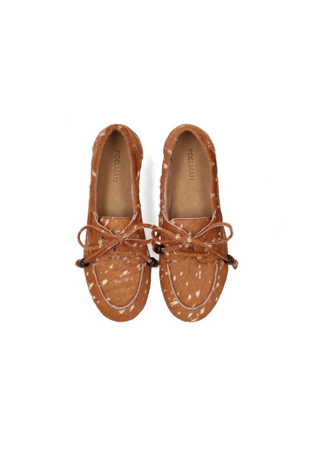 Top view of cognac Poelman MIRA suede loafers with braided lace detail.