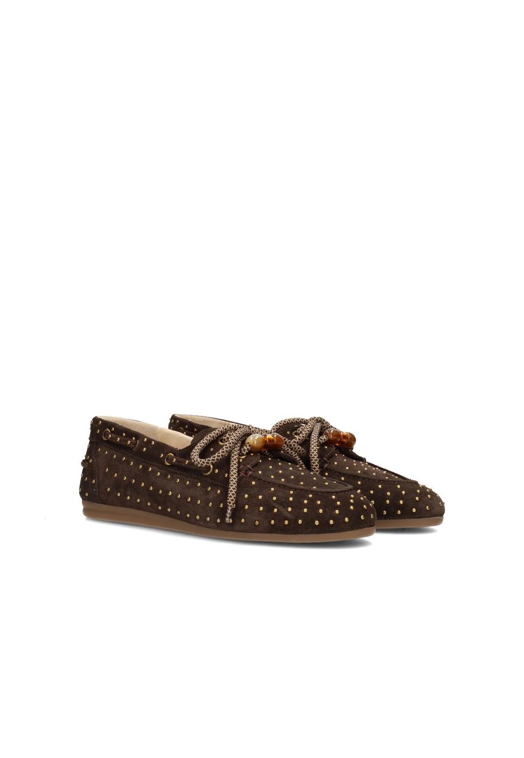 Poelman Sira loafers in donkerbruin suède met studs en strikdetail, zijaanzicht.