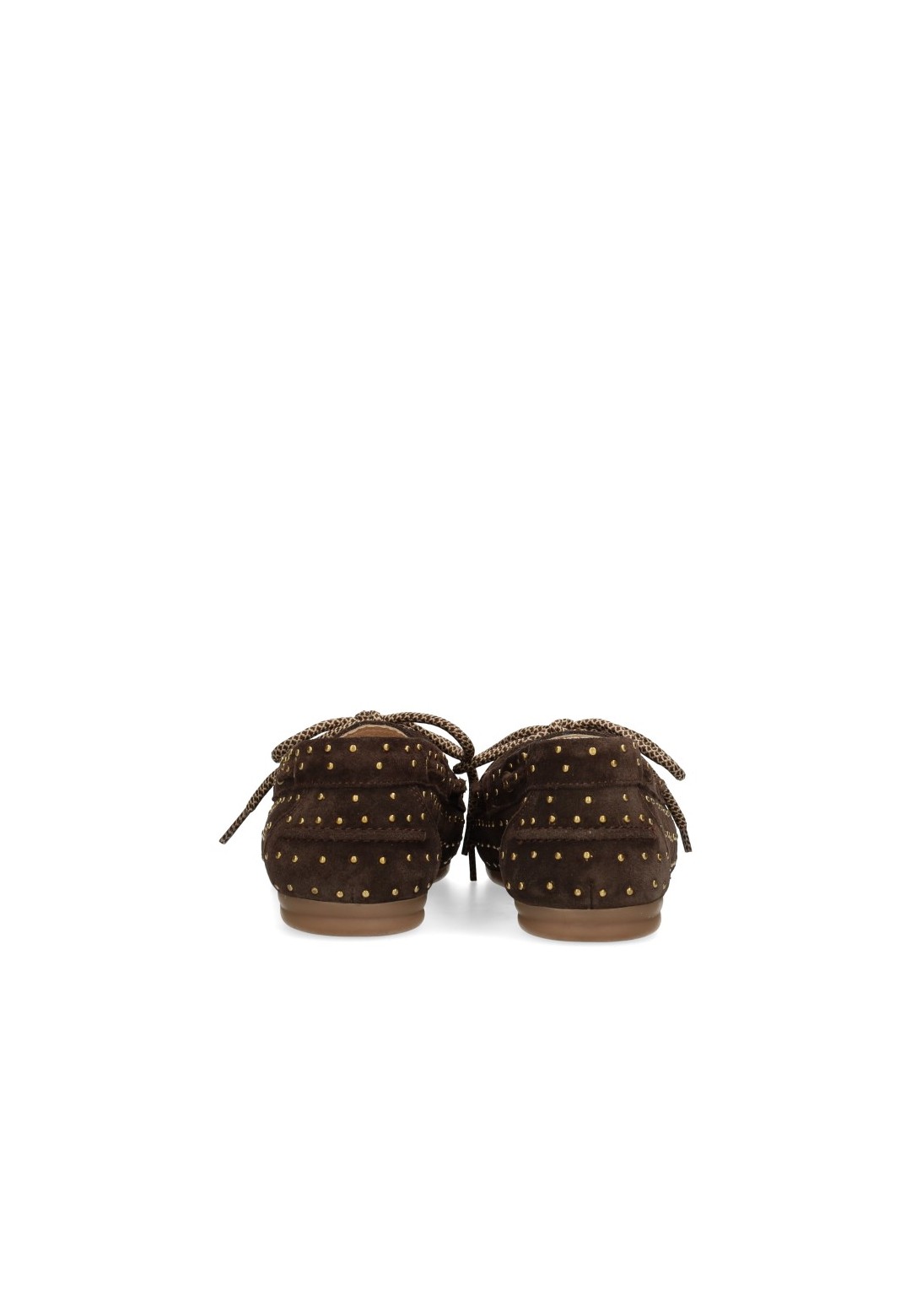 Achteraanzicht van Poelman Sira loafers in donkerbruin suède met studs.