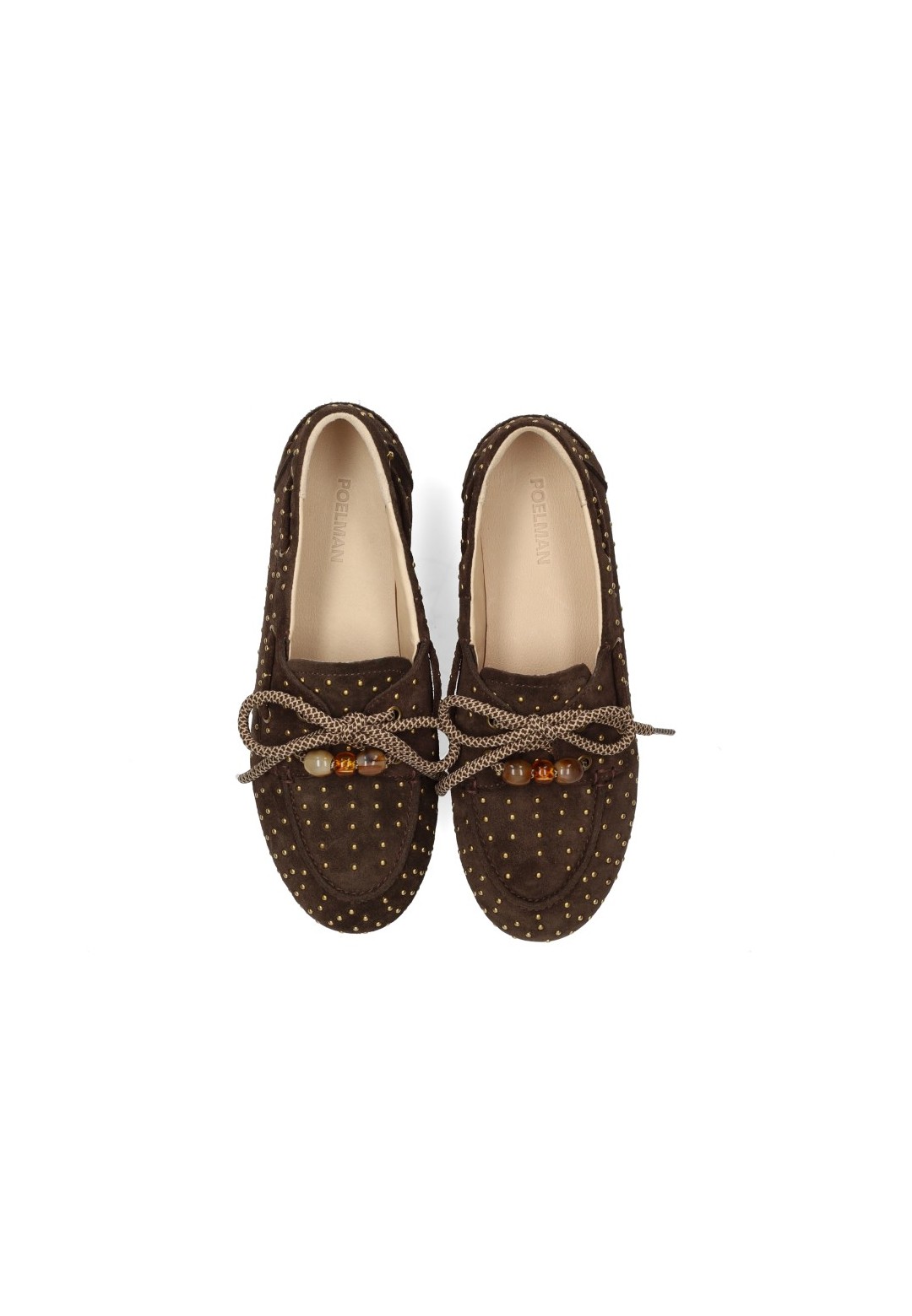 Bovenaanzicht van Poelman Sira loafers in donkerbruin suède met studs en strikdetail.