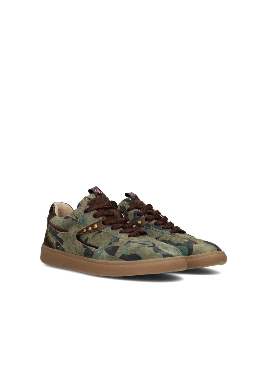 Poelman Skye women's green camouflage sneakers – angled front view