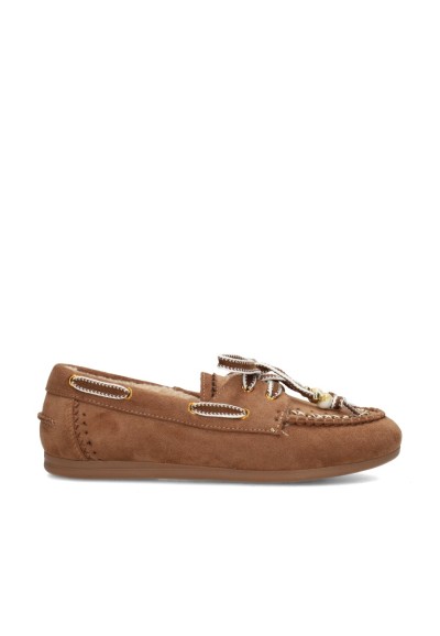 POSH by Poelman MELODY Damen-Loafer aus Wildlederimitat mit warmem Kunstfellfutter in Cognac