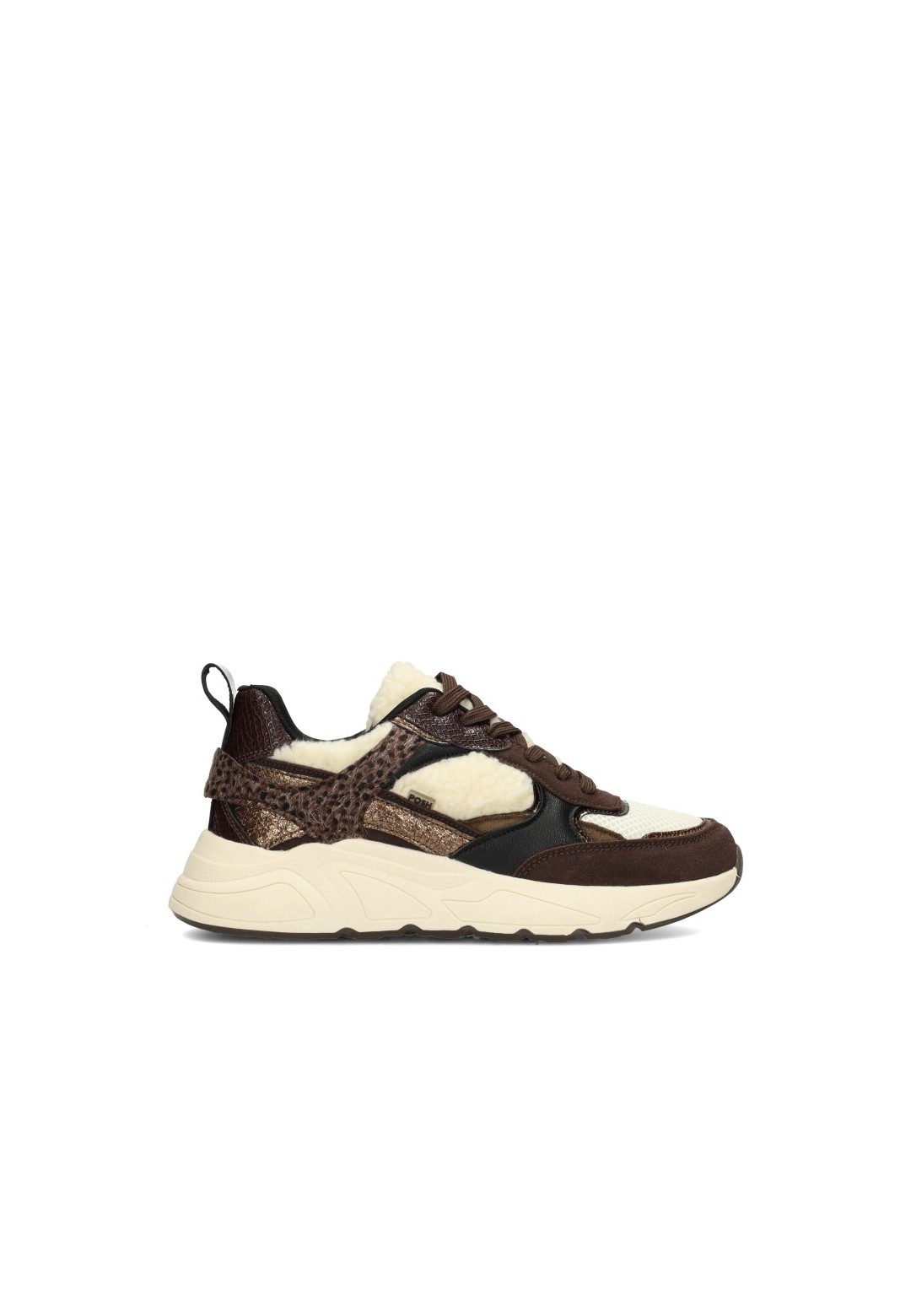 Donkerbruine POSH by Poelman CARO sneakers met crocoprint, beige details en chunky zool, zijaanzicht.