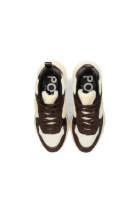 Bovenaanzicht van donkerbruine POSH by Poelman CARO sneakers met crocoprint, beige details en veters.