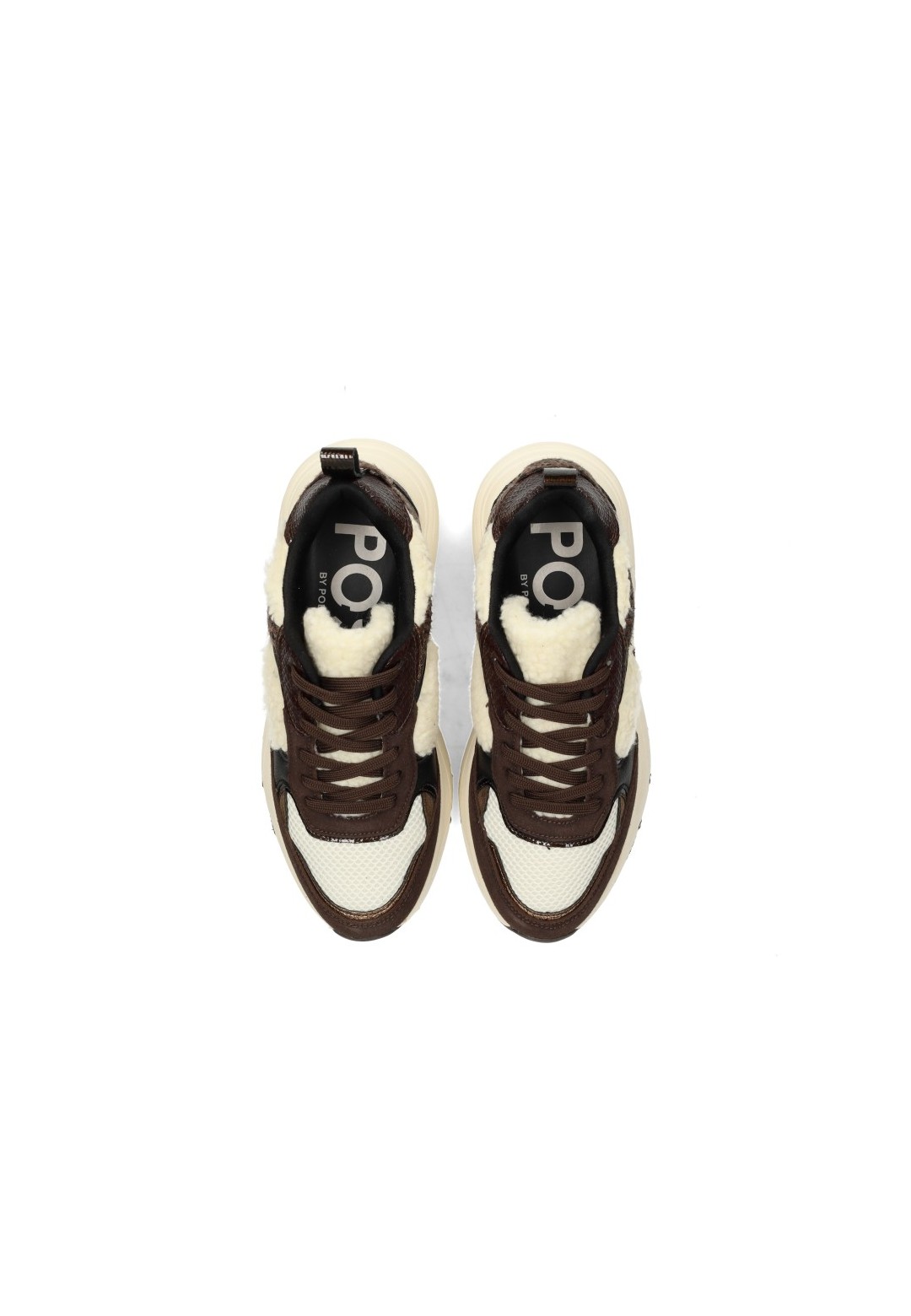 Bovenaanzicht van donkerbruine POSH by Poelman CARO sneakers met crocoprint, beige details en veters.