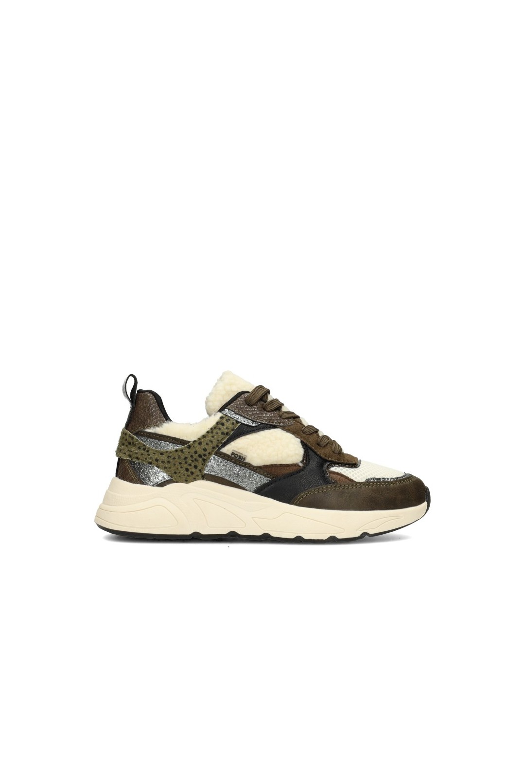 Olijfgroene POSH by Poelman CARO sneakers met crocoprint, beige details en chunky zool, zijaanzicht.