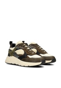 Olijfgroene POSH by Poelman CARO sneakers met crocoprint, beige details en chunky zool, schuin zijaanzicht.