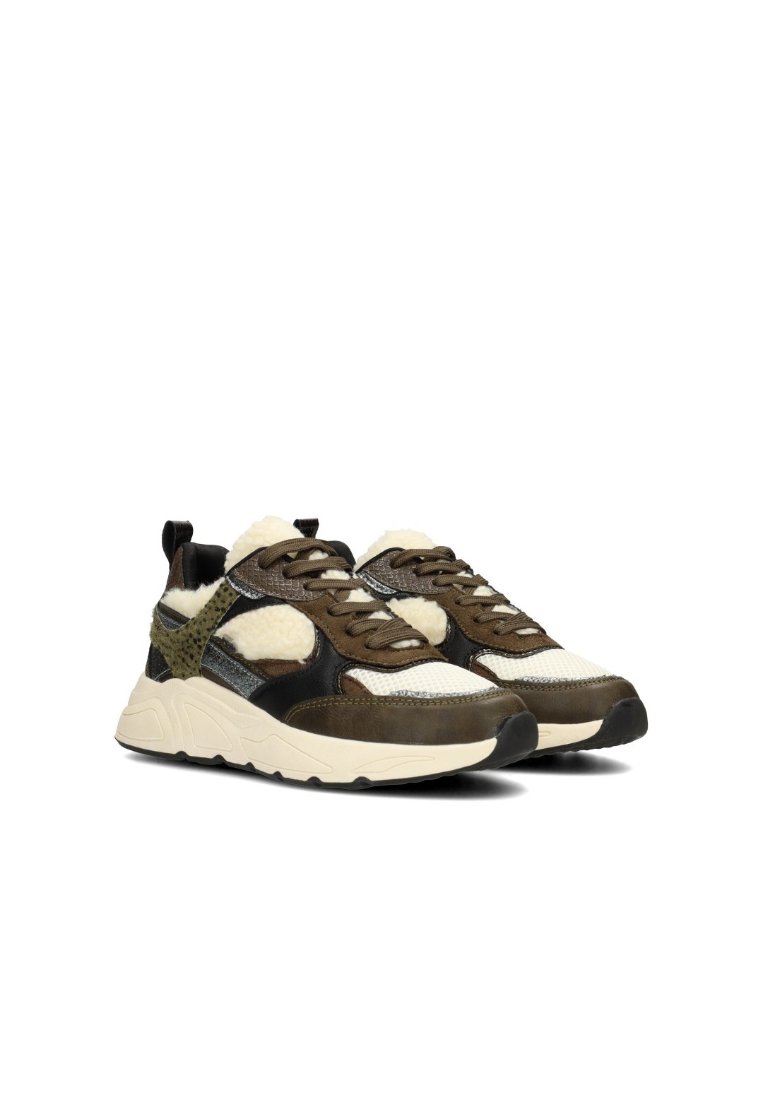 Olijfgroene POSH by Poelman CARO sneakers met crocoprint, beige details en chunky zool, schuin zijaanzicht.