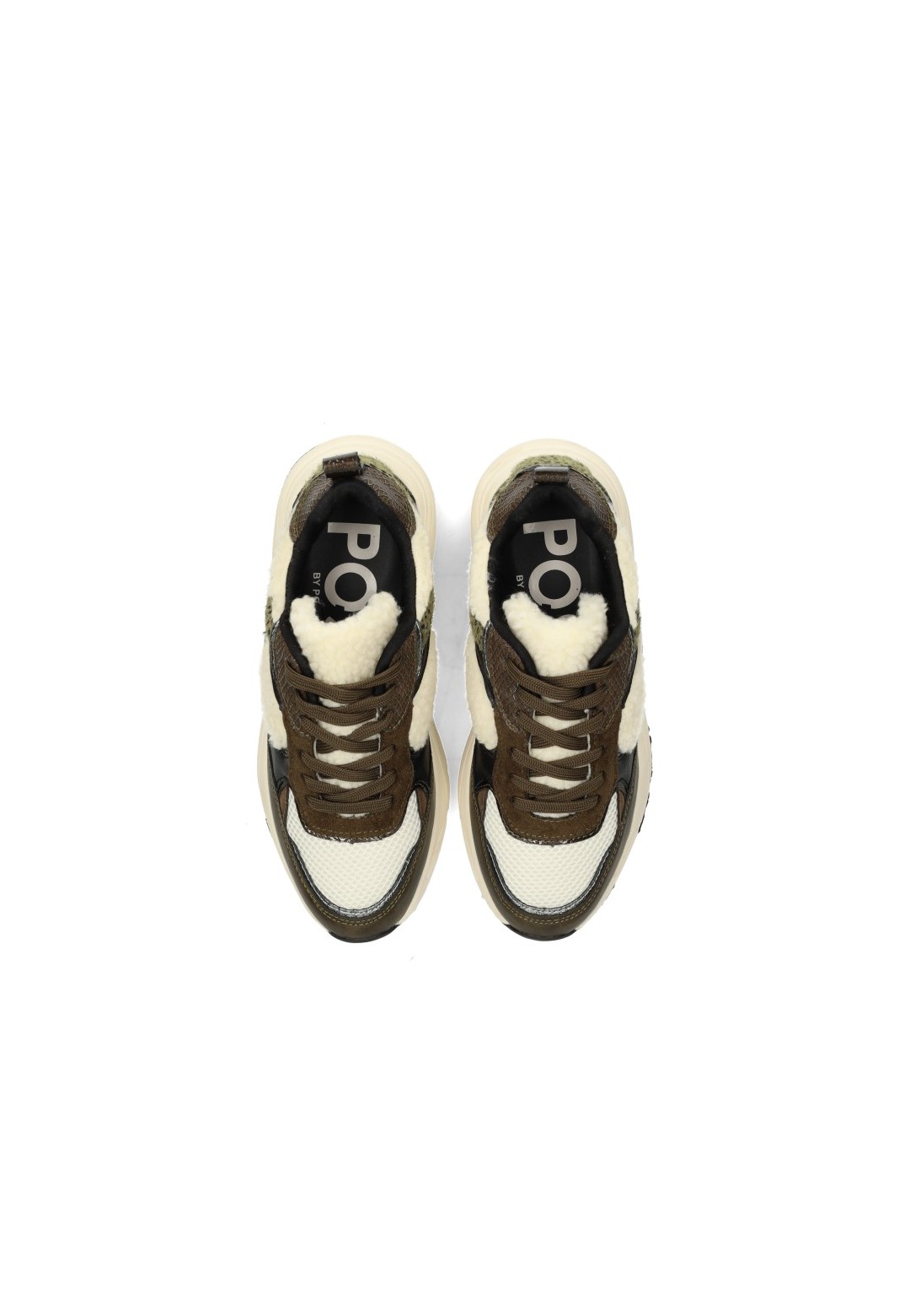 Bovenaanzicht van olijfgroene POSH by Poelman CARO sneakers met crocoprint, beige details en veters.