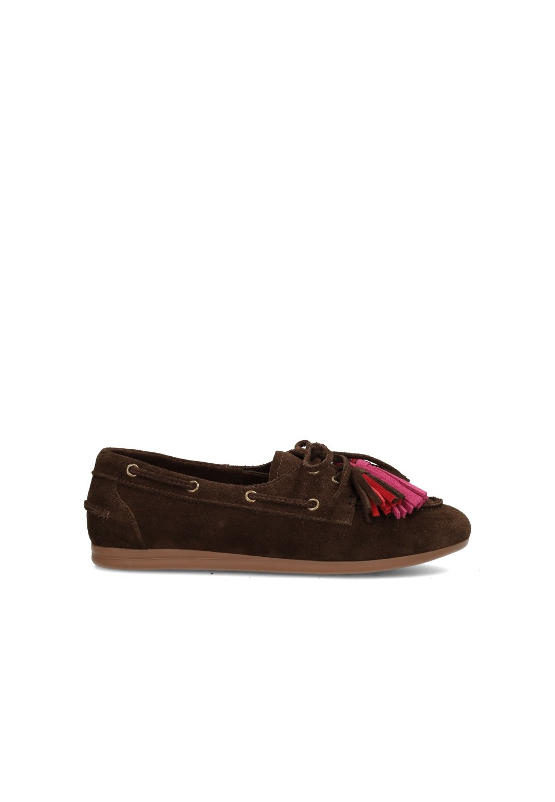 Poelman ANNE dames loafers van donkerbruin suède met roze kwastjes