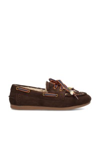 POSH by Poelman MELODY dames loafers van imitatiesuède met warme imitatiebontvoering en blauw-oranje veterdetails