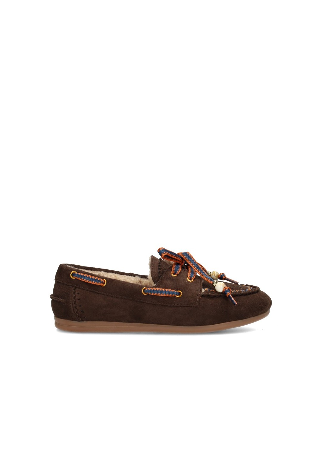 POSH by Poelman MELODY dames loafers van imitatiesuède met warme imitatiebontvoering en blauw-oranje veterdetails