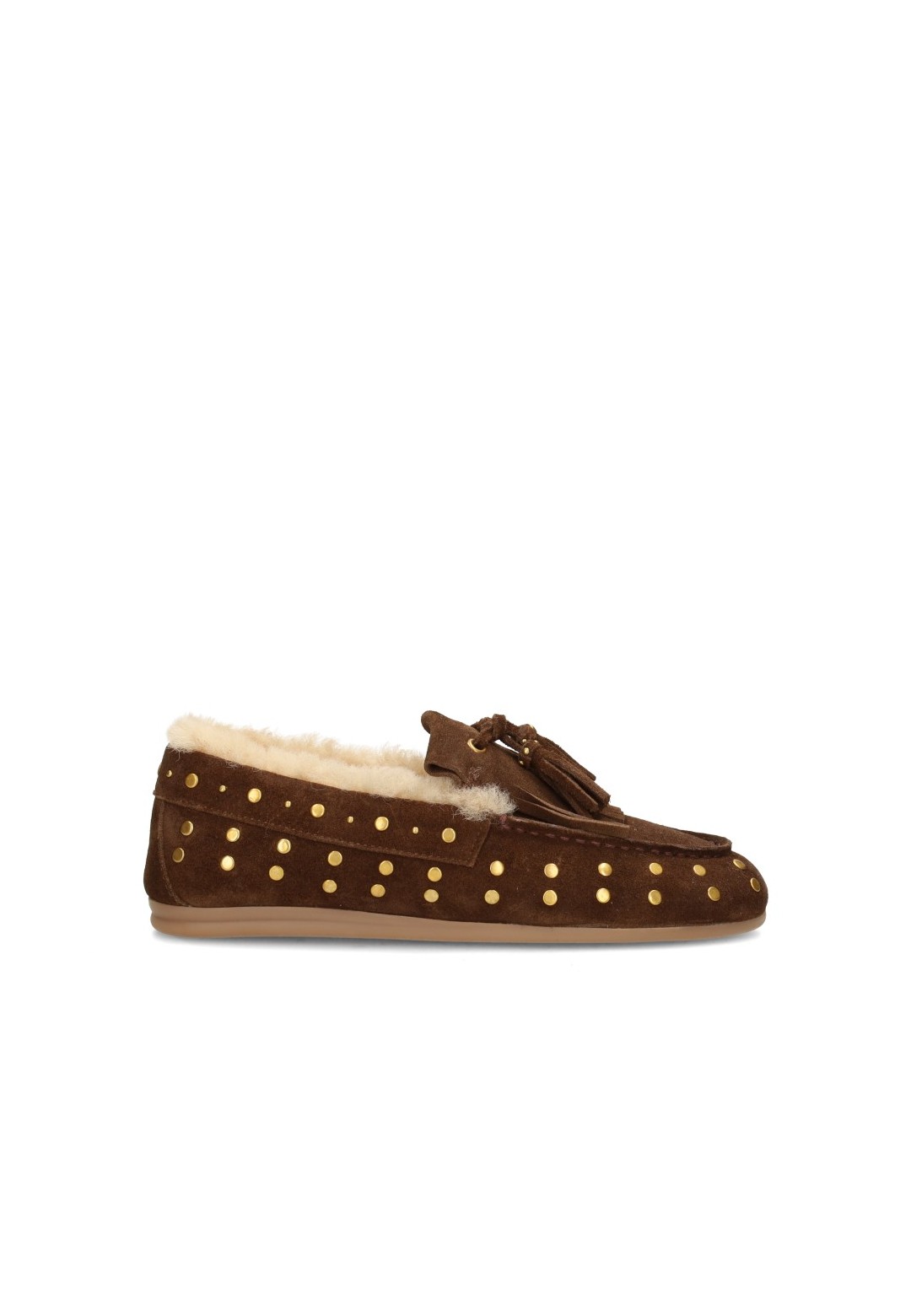 Poelman LISA women's brown suede loafers with warm lining, gold-tone studs and tassels