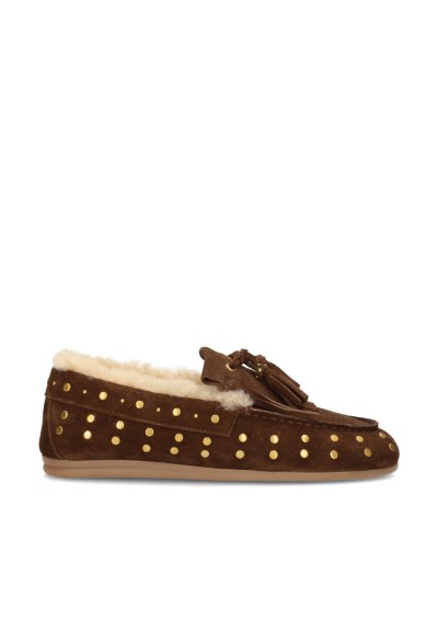 Poelman LISA women's brown suede loafers with warm lining, gold-tone studs and tassels
