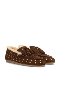 Brown Poelman LISA suede loafers with gold-tone studs, tassels and a soft warm lining