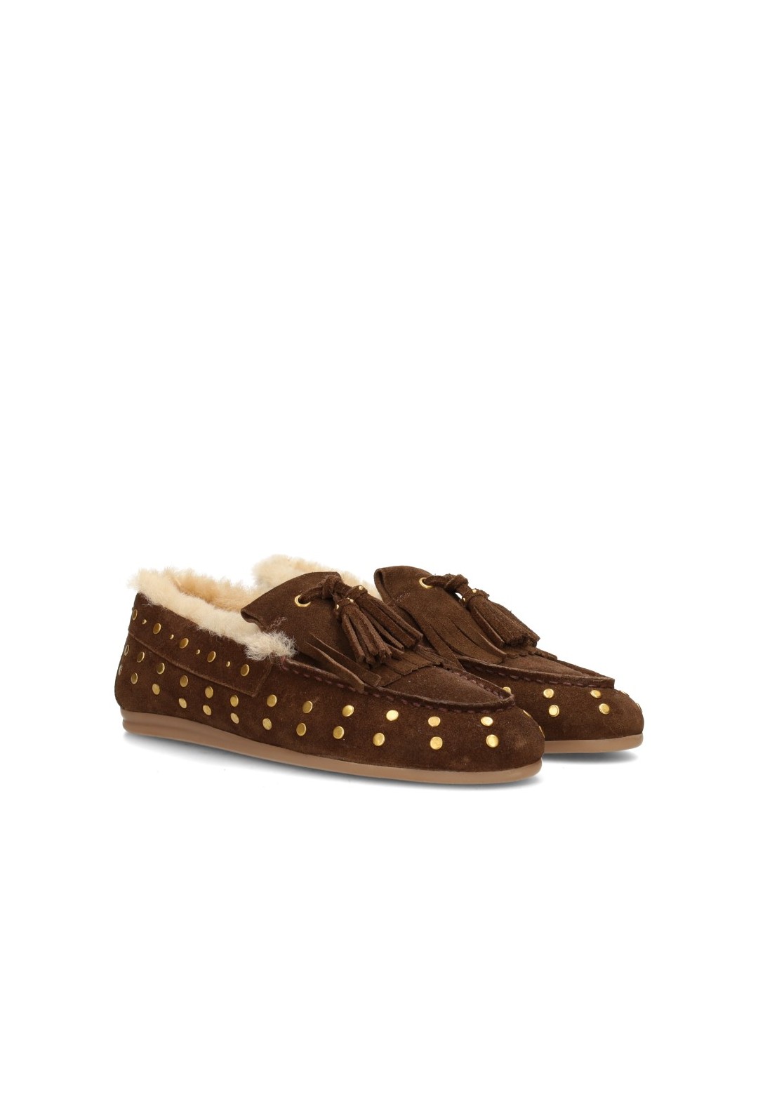 Brown Poelman LISA suede loafers with gold-tone studs, tassels and a soft warm lining