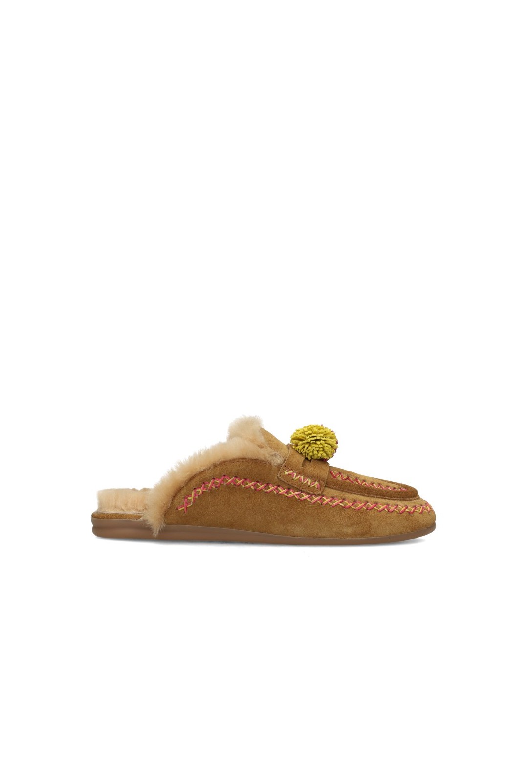 Light brown Poelman NINA slippers with a knitted design, faux fur lining and pink-yellow pom-poms, side view.