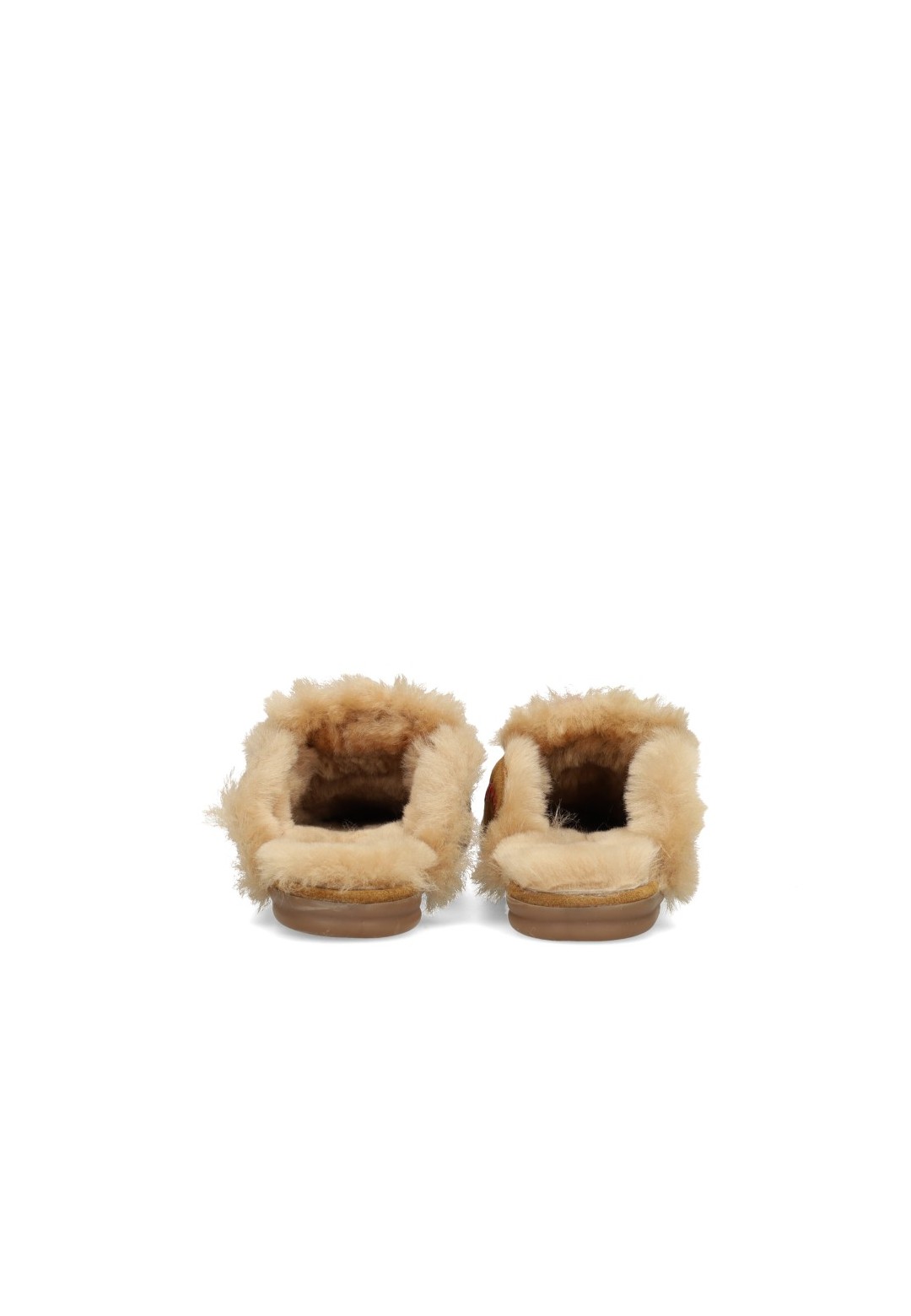 Back view of the light brown Poelman NINA slippers with faux fur lining.
